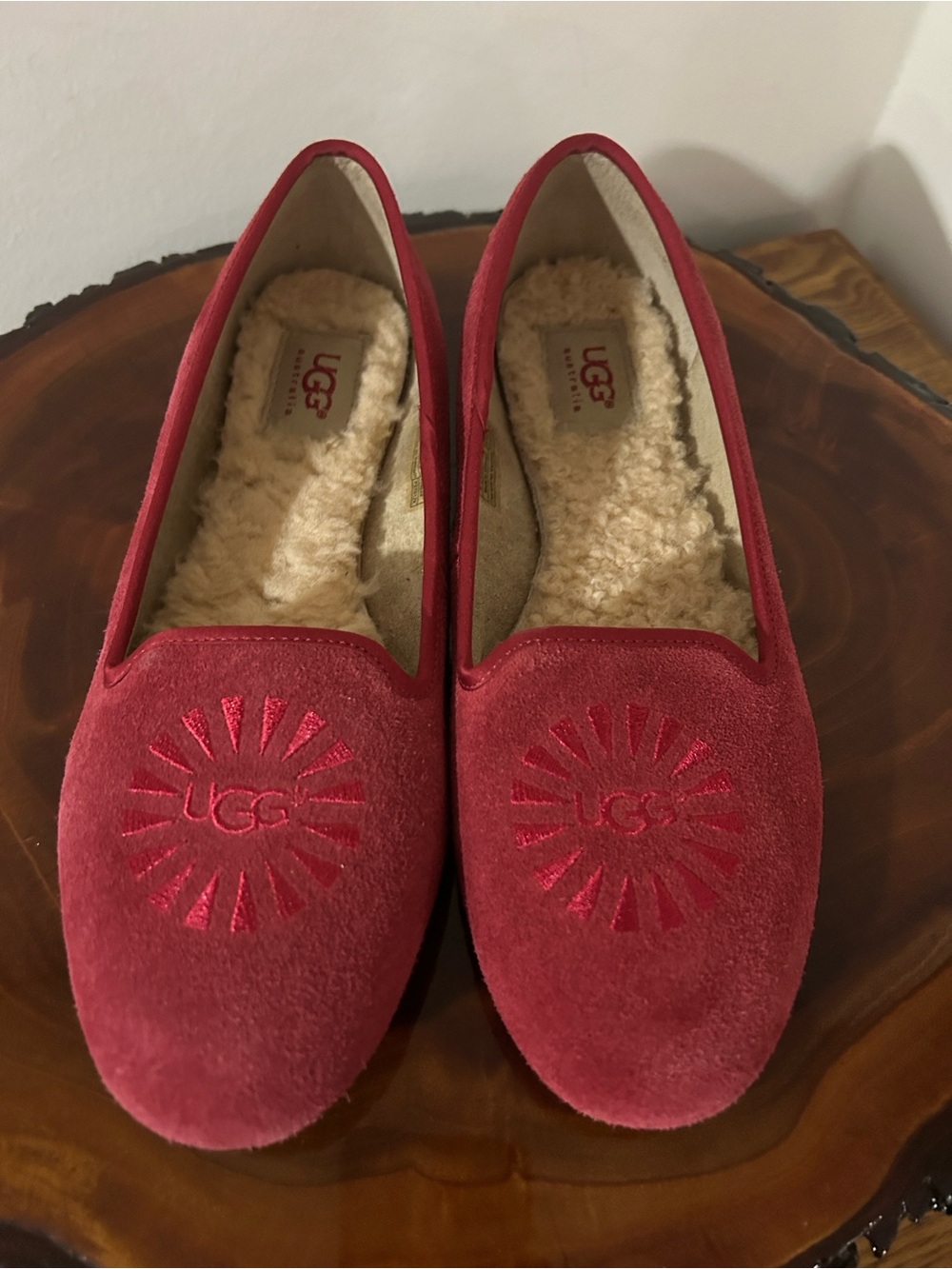 UGG Women's Red Suede Embroidered Shearling Slippers